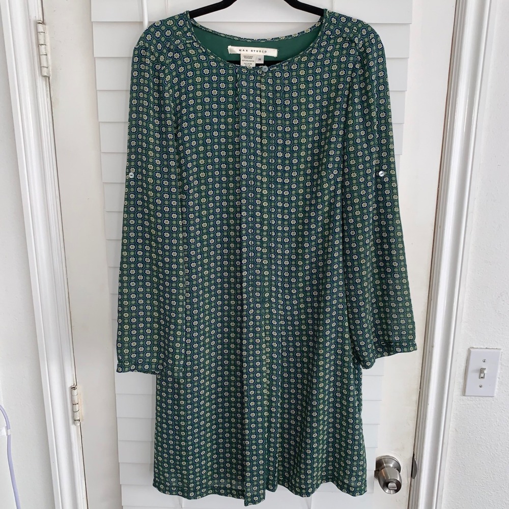 Max Studio Green Geometric Floral Roll Tab Sleeve Shift Dress Womens Medium